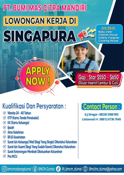 PT Bumi Mas Citra Mandiri Buka Lowongan Kerja ke Singapura, Gaji hingga 650 Dolar Singapura
