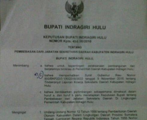 Wow...!!! Demi Kepentingan Pembangunan, Bupati Inhu Copot Sekda