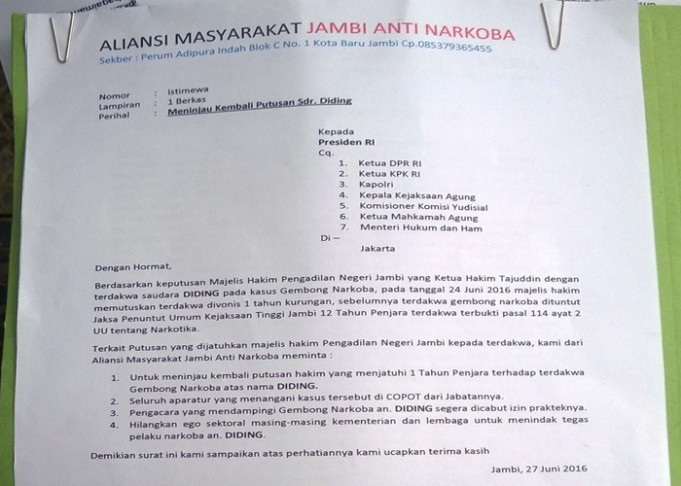 Surati Presiden, Masyarakat Jambi Minta Putusan Bandar Narkoba Ditinjau Kembali