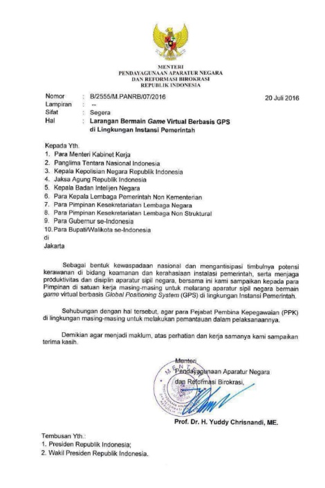 Surat Edaran MenPANRB Larang PNS Main Pokemon Go di Instansi Pemerintah