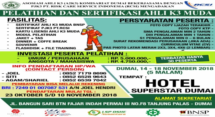 A2K3 Komisariat Dumai Gelar Pelatihan Ahli K3 Muda BNSP di Dumai