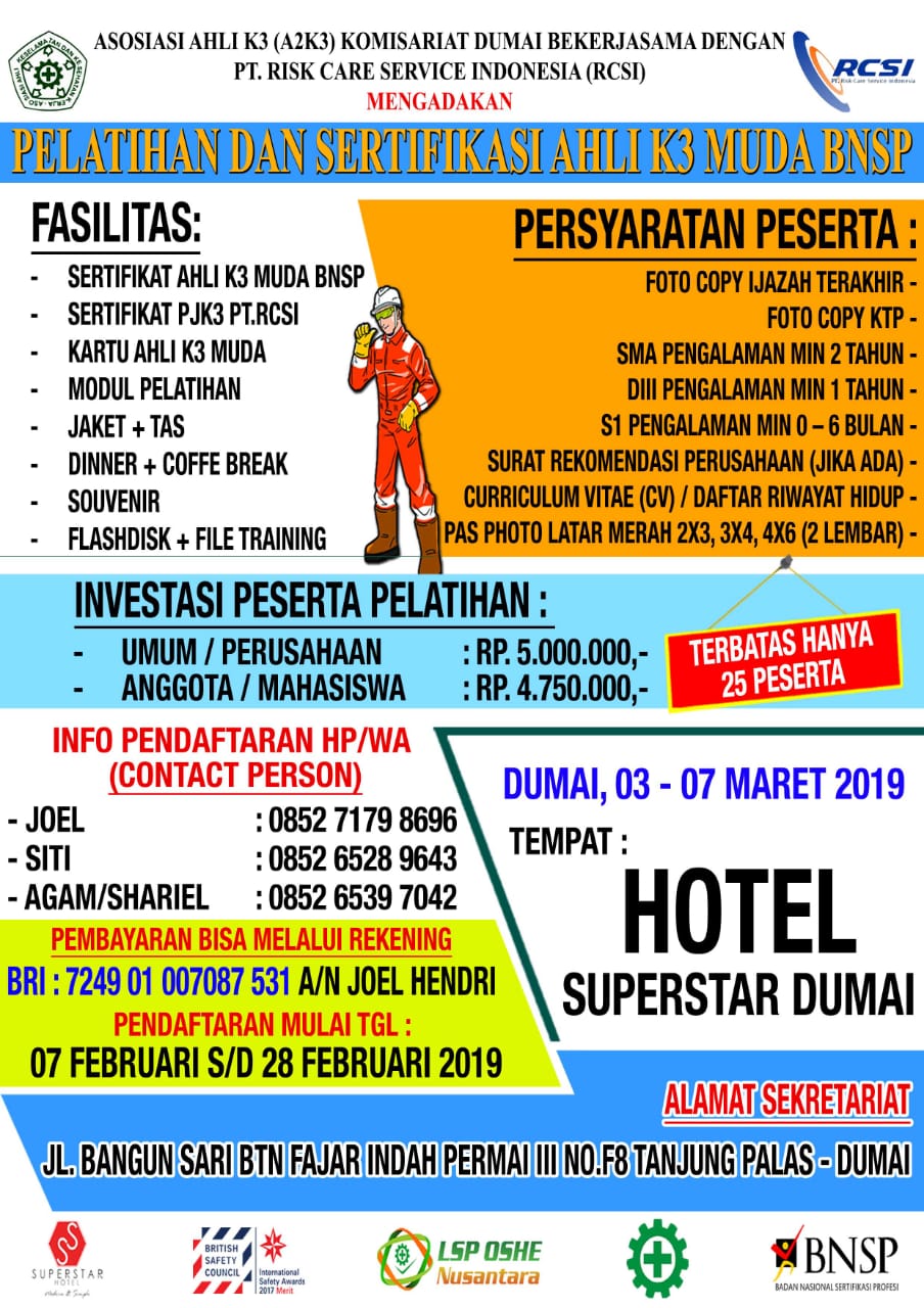 A2K3 Dumai Akan Gelar Pelatihan Ahli K3 Muda BNSP Batch ke-2