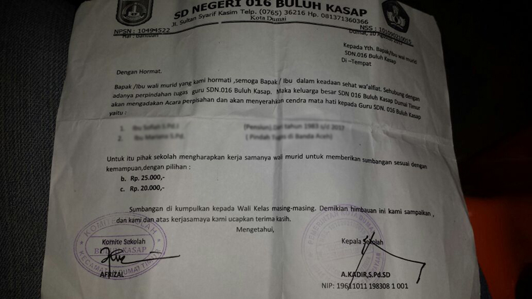 Pungutan SDN 016 Buluh Kasap Dumai Beratkan Wali Murid