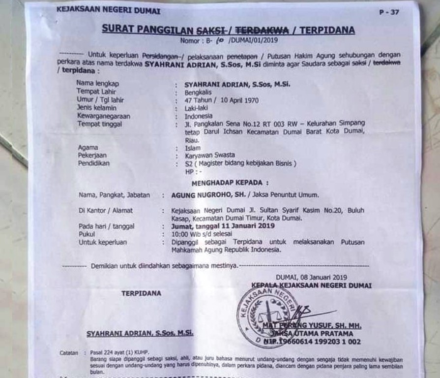 Kejari Dumai Layangkan Surat Panggilan Terpidana Syahrani Adrian