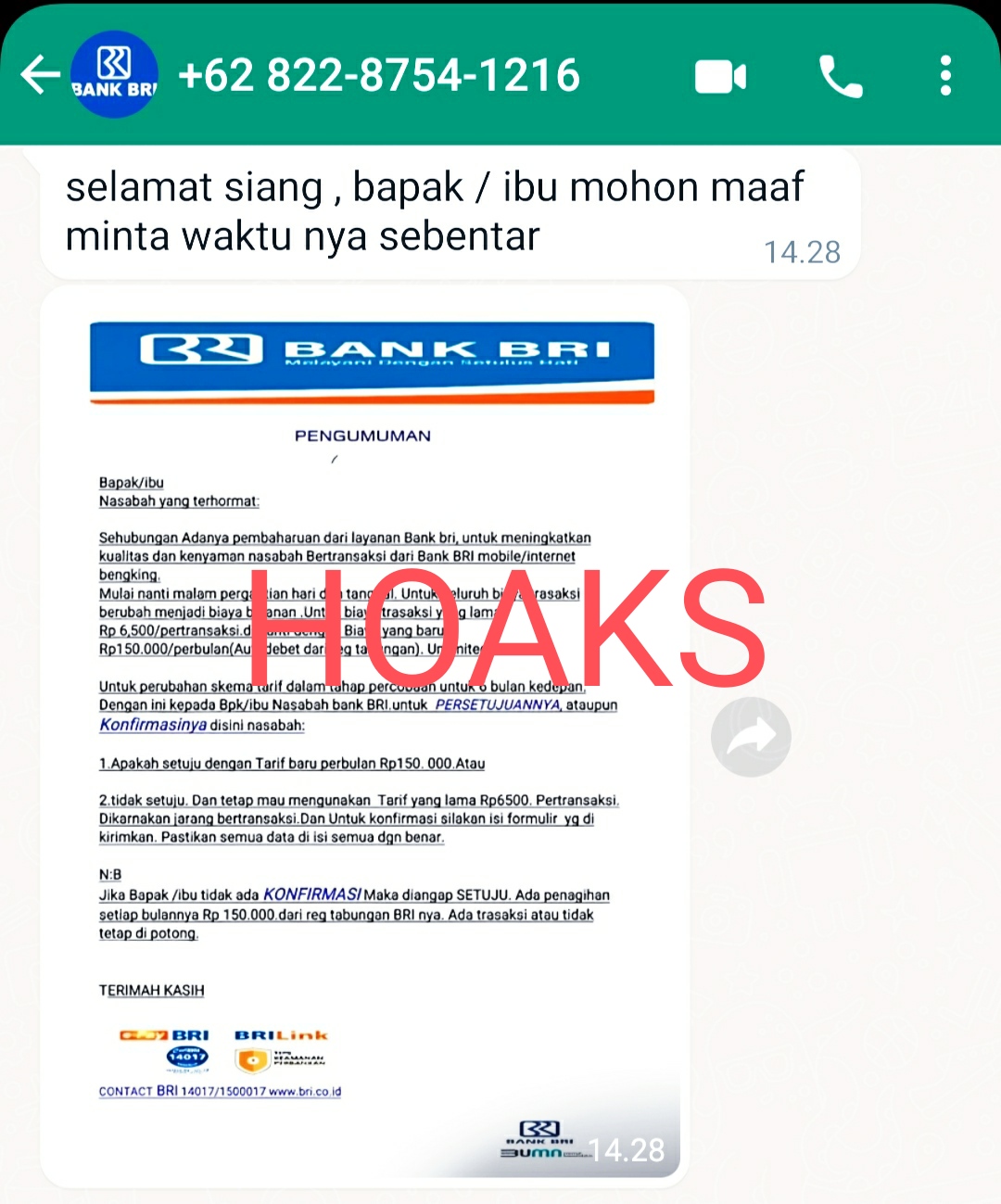 Hati-Hati Penipuan, Perubahan Biaya Transaksi BRI Rp 150.000