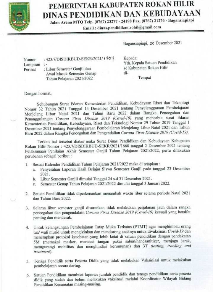 Jelang Nataru 2022, Disdik Rohil Terbitkan Surat Edaran Libur Semester dan Awal Masuk Semester Genap