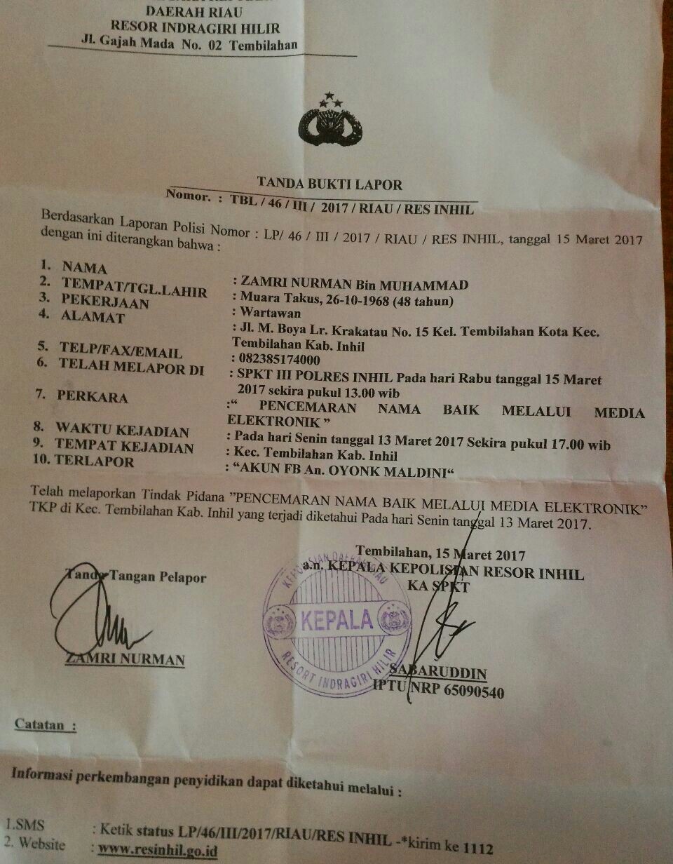 Merasa Dilecehkan, Wartawan Inhil Polisikan Akun FB Oyonk Maldini