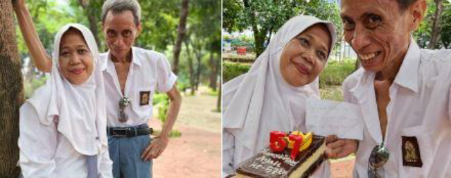 Viral Babeh Ojol Ulang Tahun, Romantis Bareng Istri Pakai Seragam SMA