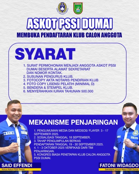 ASKOT PSSI Dumai Buka Pendaftaran Klub Calon Anggota