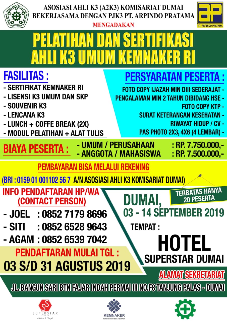 A2K3 Komisariat Dumai Gelar Pelatihan Dan Sertifikasi K3 Umum Kemenaker RI