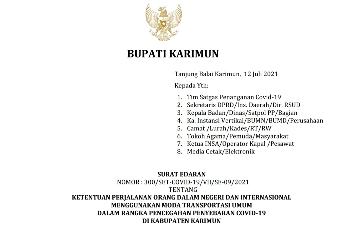 Berikut SE Bupati Karimun, Sertifikat Vaksin Covid-19 jadi Syarat Wajib Perjalanan