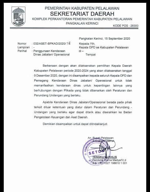 Pemkab Pelalawan Keluarkan Surat Larangan Penggunaan Kendaraan Dinas untuk Kepentingan Pilkada 2020