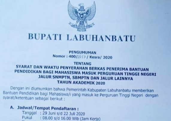 Pemkab Labuhanbatu Berikan Beasiswa Bagi Mahasiswa yang Masuk PTN, Ini Syaratnya