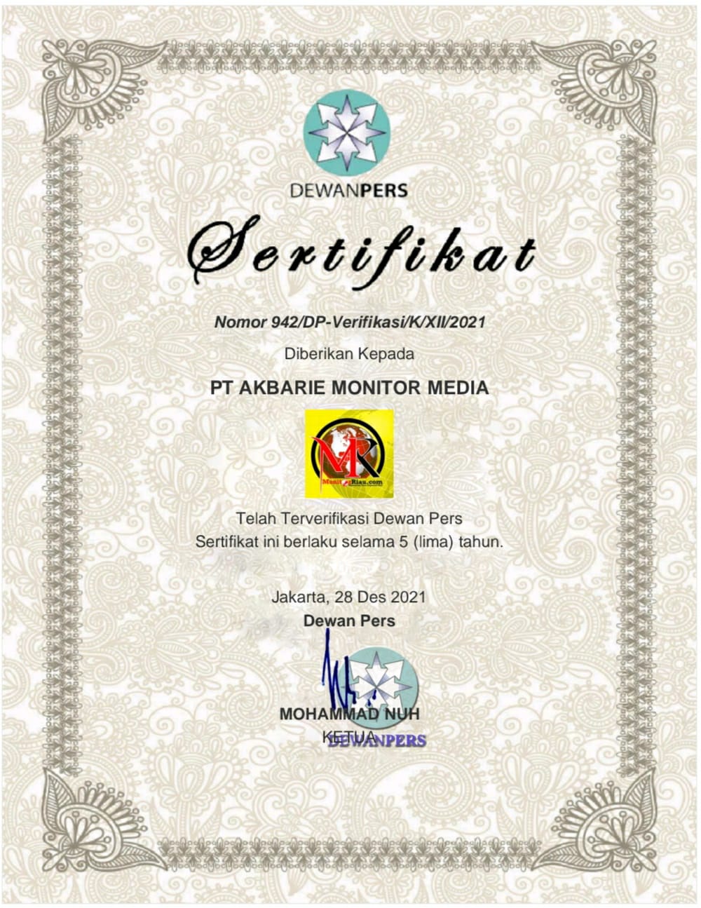 Alhamdulillah, Kado Akhir Tahun, Monitorriau.Com Lulus Verifikasi Faktual Dewan Pers