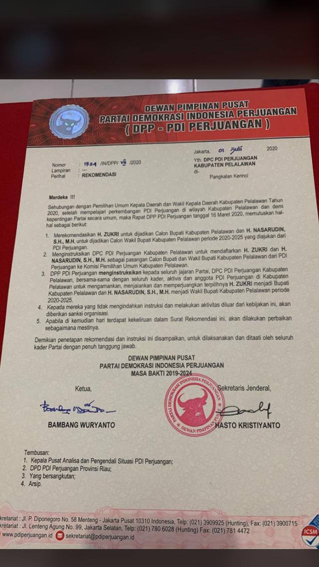 PDI-P Sepenuhnya Zukri Misran dan Nasaruddin di Pilkada Pelalawan