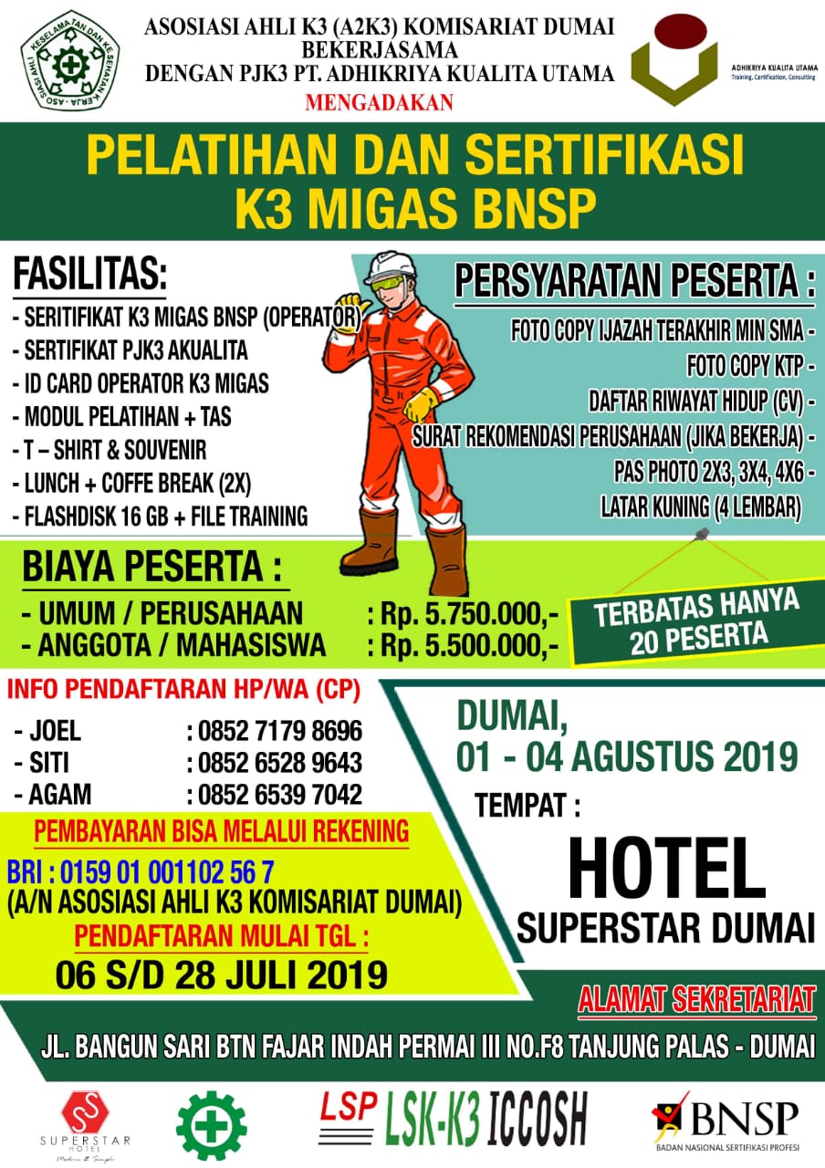A2K3 Komisariat Dumai Akan Gelar Pelatihan dan Sertifikasi K3 MIGAS BNSP