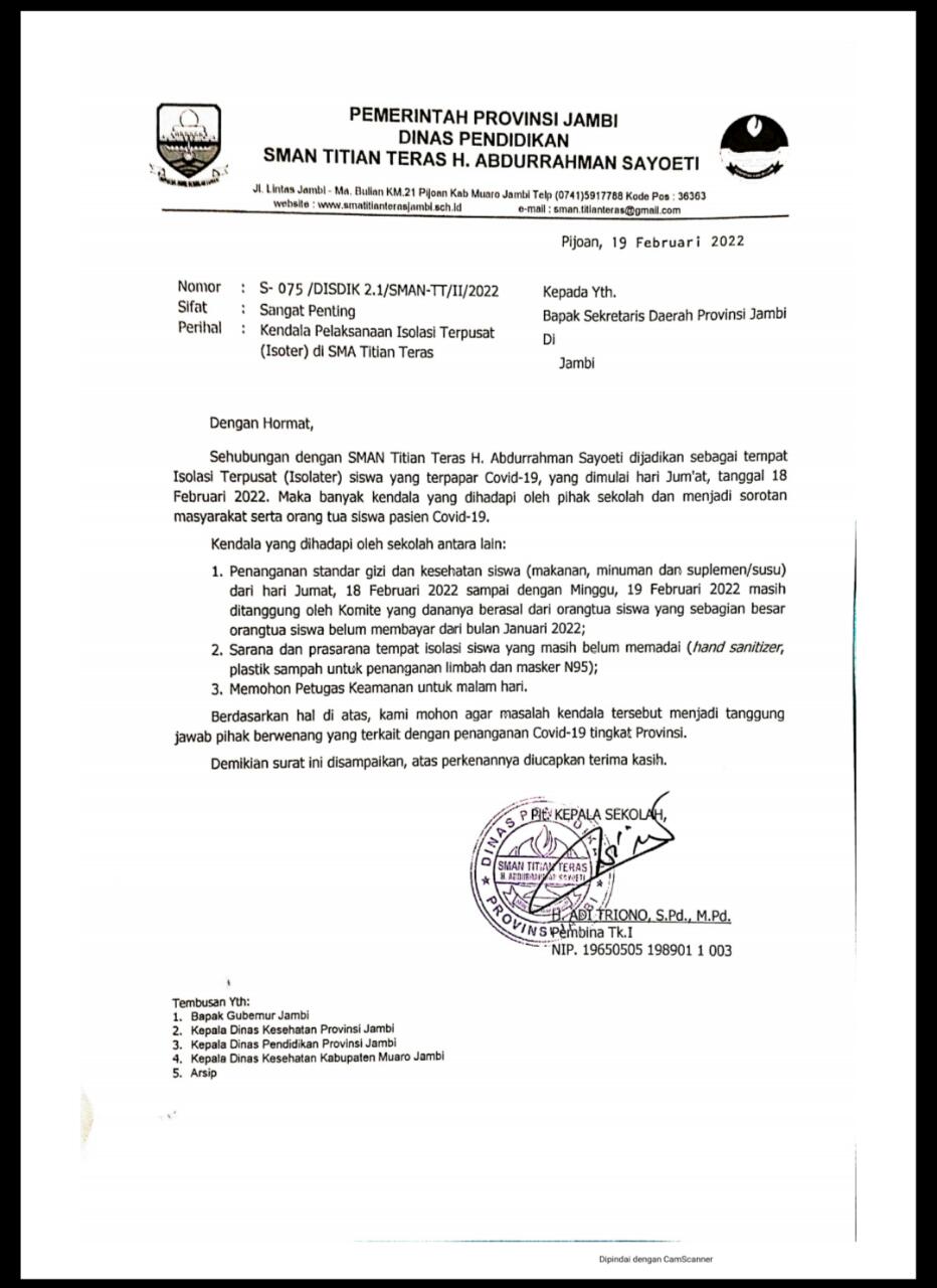 Kebutuhan Makan Siswa Posotif Covid 19 di Jambi Masih Ditanggung Wali Murid